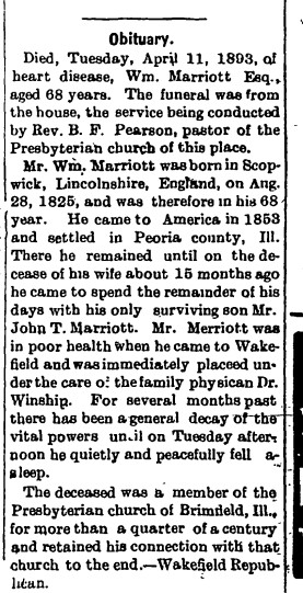 Marriott, William obit The Brimfield News, Page12, 1893-04-13